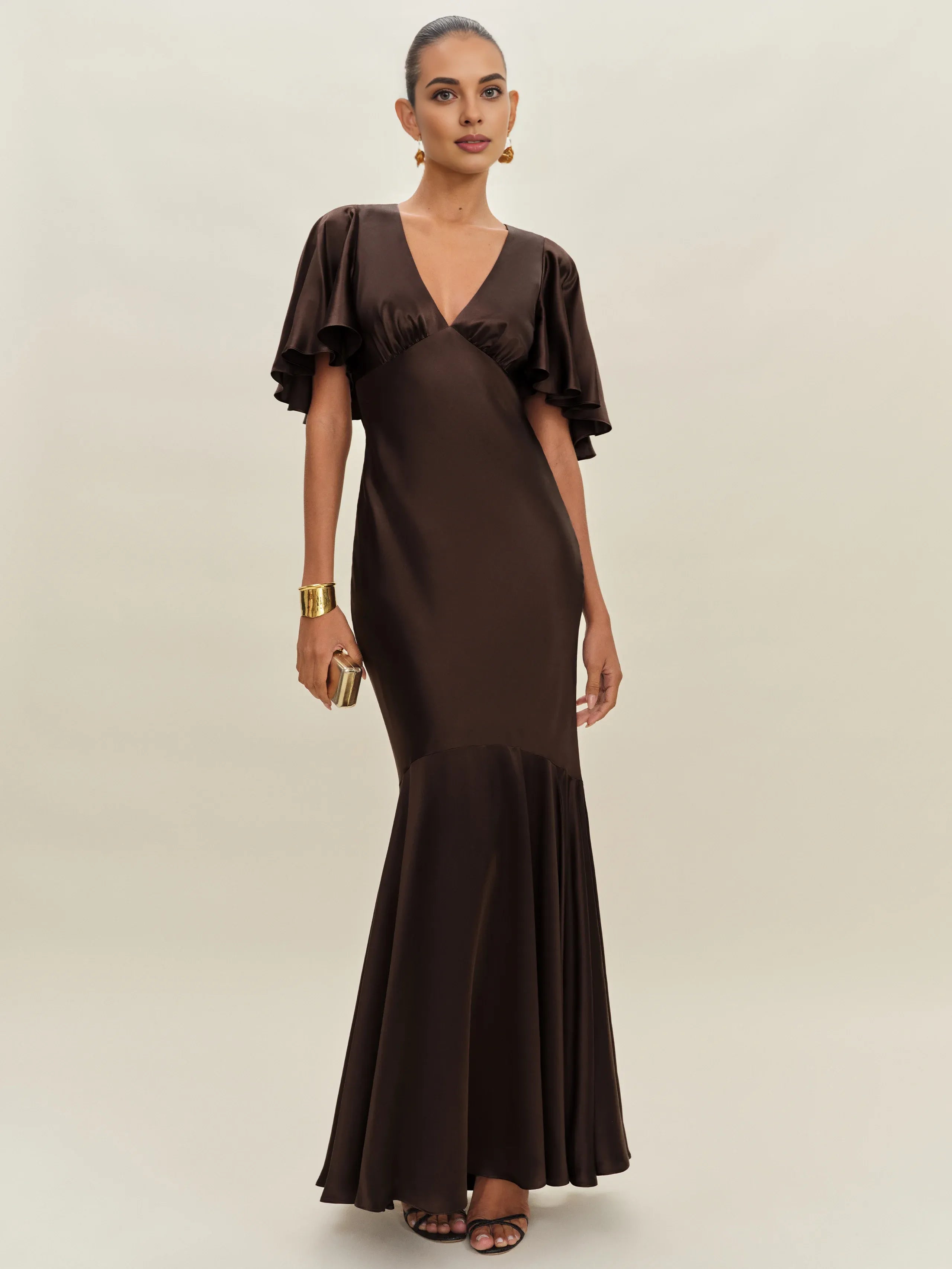 Weitese Dress Vintage Deep V Neck Flutter Sleeve Mermaid Prom Dress Maxi Dress Backless Ruffle Evening Dress